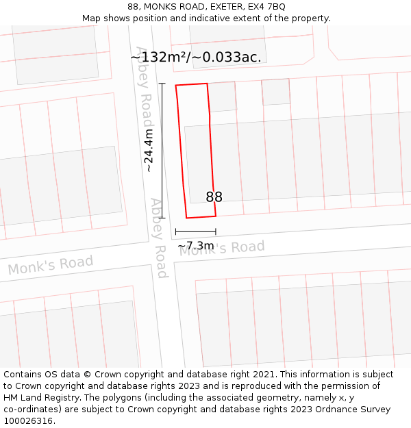 88, MONKS ROAD, EXETER, EX4 7BQ: Plot and title map