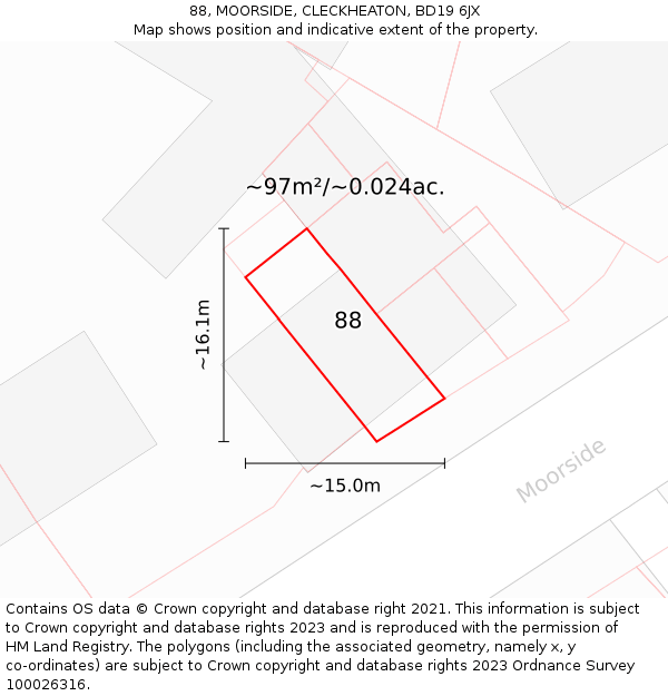 88, MOORSIDE, CLECKHEATON, BD19 6JX: Plot and title map