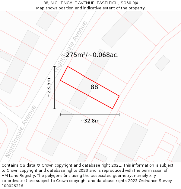88, NIGHTINGALE AVENUE, EASTLEIGH, SO50 9JX: Plot and title map