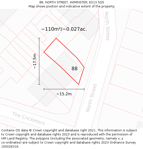 88, NORTH STREET, AXMINSTER, EX13 5QS: Plot and title map