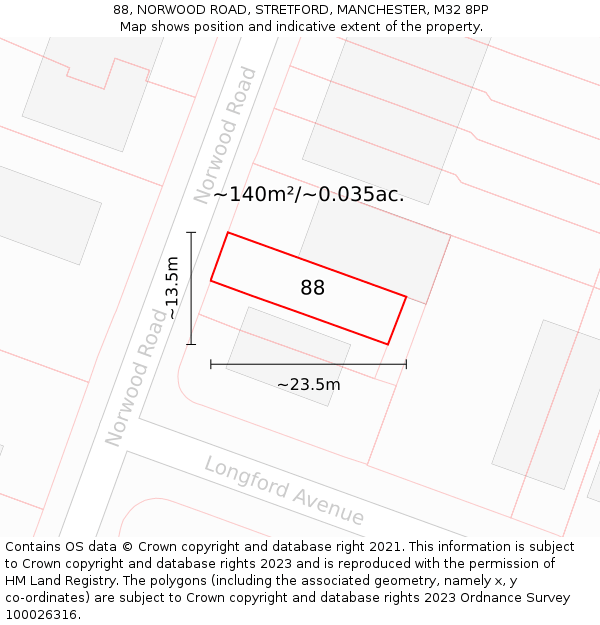 88, NORWOOD ROAD, STRETFORD, MANCHESTER, M32 8PP: Plot and title map