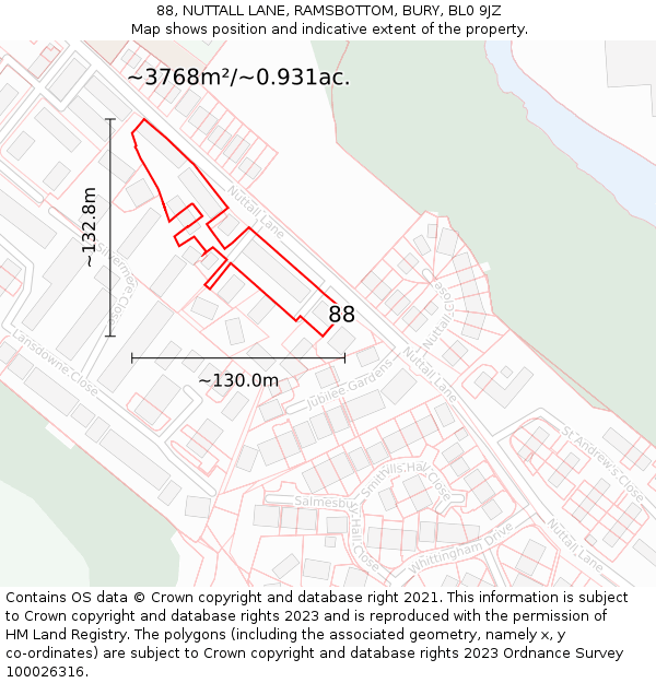 88, NUTTALL LANE, RAMSBOTTOM, BURY, BL0 9JZ: Plot and title map