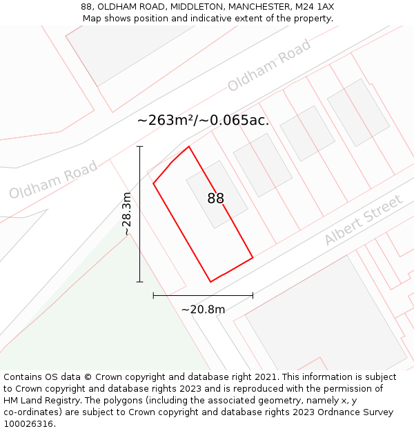 88, OLDHAM ROAD, MIDDLETON, MANCHESTER, M24 1AX: Plot and title map