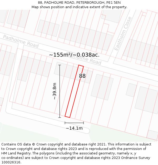 88, PADHOLME ROAD, PETERBOROUGH, PE1 5EN: Plot and title map
