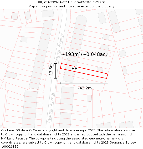 88, PEARSON AVENUE, COVENTRY, CV6 7DF: Plot and title map