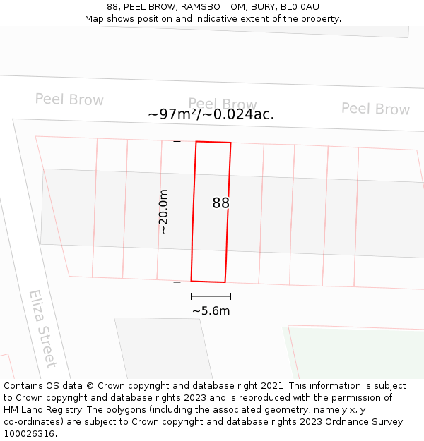 88, PEEL BROW, RAMSBOTTOM, BURY, BL0 0AU: Plot and title map