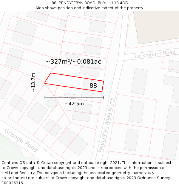 88, PENDYFFRYN ROAD, RHYL, LL18 4DD: Plot and title map