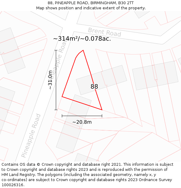 88, PINEAPPLE ROAD, BIRMINGHAM, B30 2TT: Plot and title map