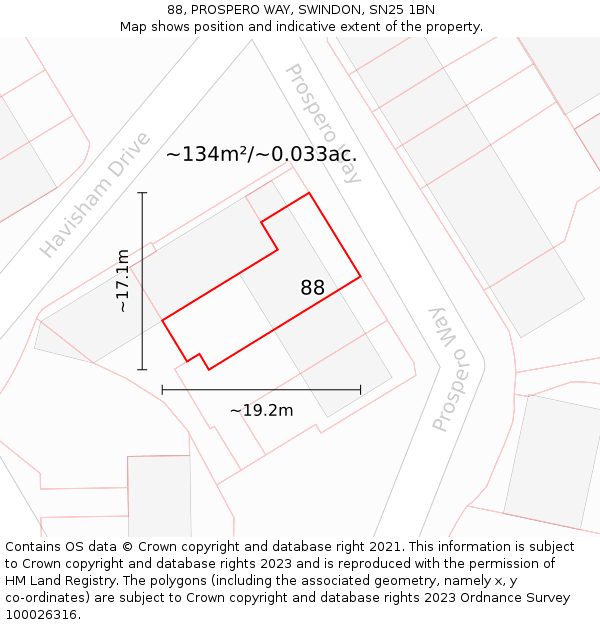 88, PROSPERO WAY, SWINDON, SN25 1BN: Plot and title map