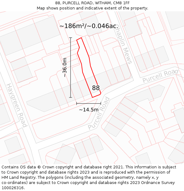 88, PURCELL ROAD, WITHAM, CM8 1FF: Plot and title map