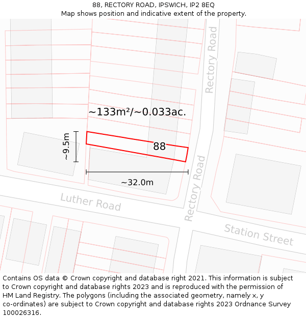 88, RECTORY ROAD, IPSWICH, IP2 8EQ: Plot and title map