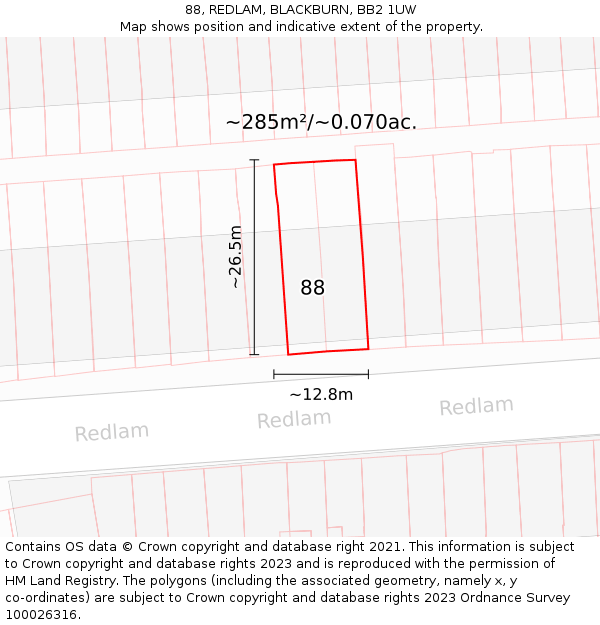 88, REDLAM, BLACKBURN, BB2 1UW: Plot and title map