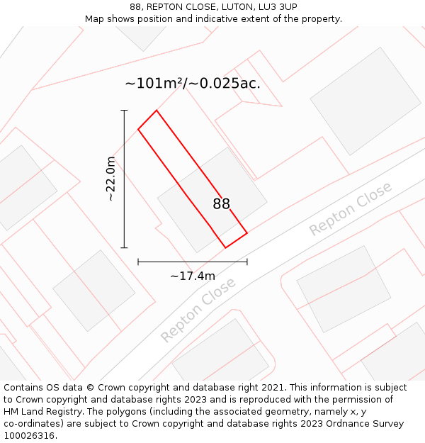 88, REPTON CLOSE, LUTON, LU3 3UP: Plot and title map