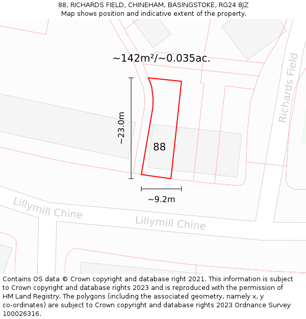 88, RICHARDS FIELD, CHINEHAM, BASINGSTOKE, RG24 8JZ: Plot and title map