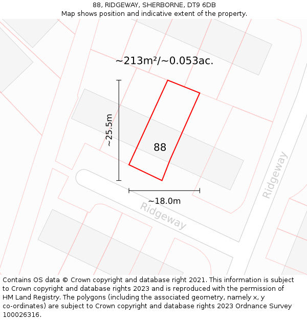 88, RIDGEWAY, SHERBORNE, DT9 6DB: Plot and title map