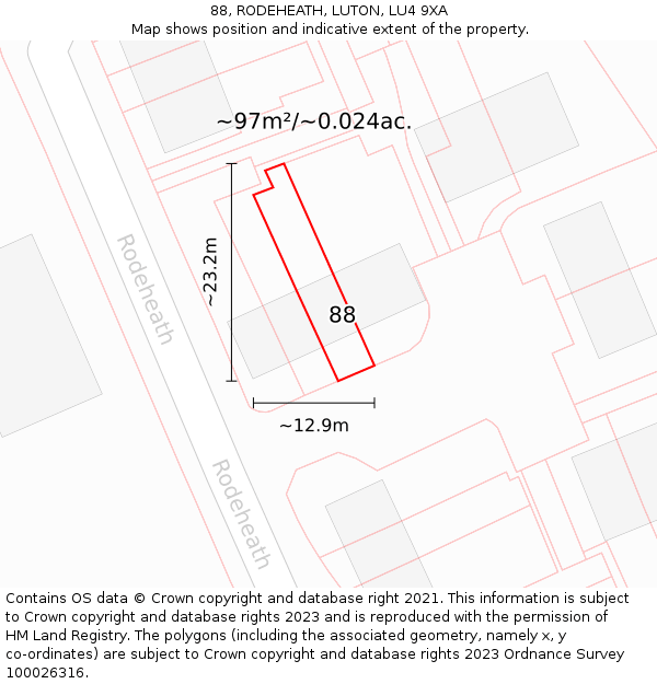 88, RODEHEATH, LUTON, LU4 9XA: Plot and title map