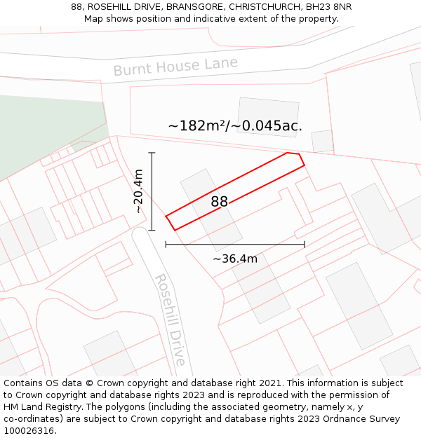 88, ROSEHILL DRIVE, BRANSGORE, CHRISTCHURCH, BH23 8NR: Plot and title map
