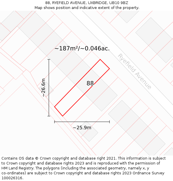 88, RYEFIELD AVENUE, UXBRIDGE, UB10 9BZ: Plot and title map