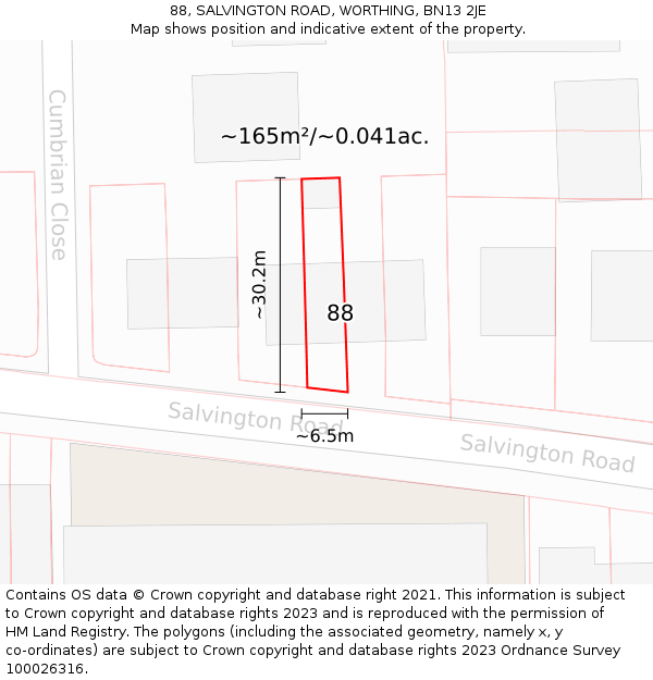 88, SALVINGTON ROAD, WORTHING, BN13 2JE: Plot and title map