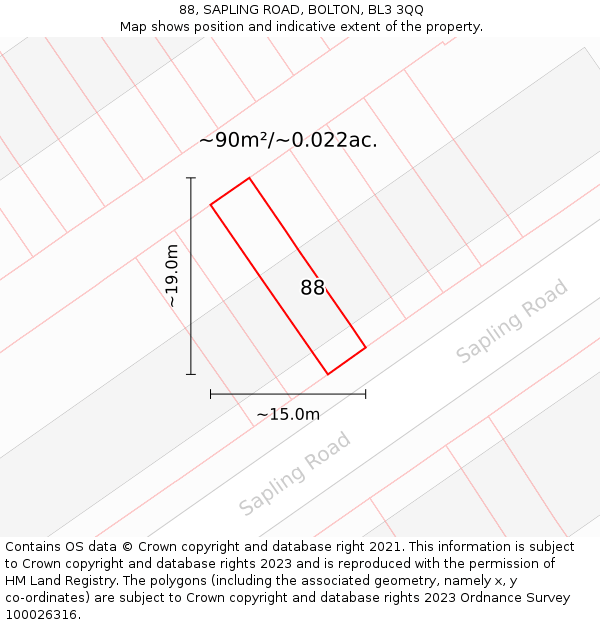 88, SAPLING ROAD, BOLTON, BL3 3QQ: Plot and title map