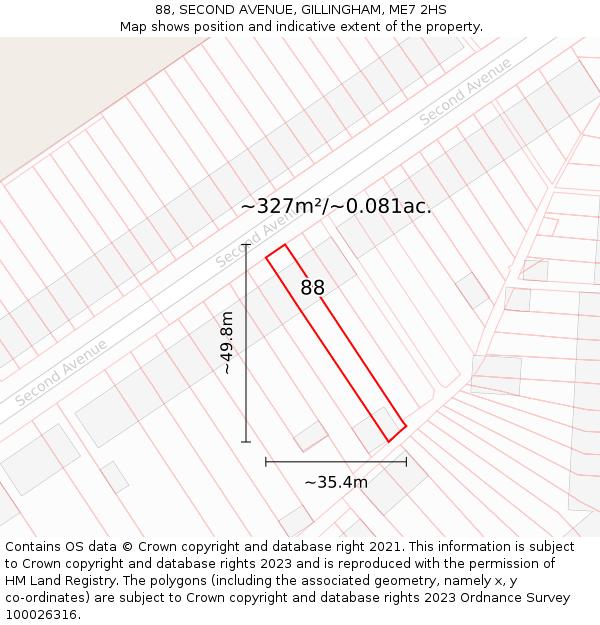 88, SECOND AVENUE, GILLINGHAM, ME7 2HS: Plot and title map