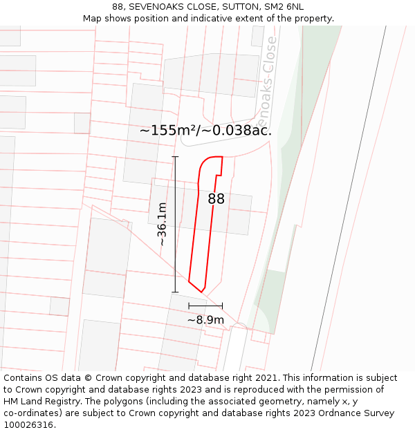 88, SEVENOAKS CLOSE, SUTTON, SM2 6NL: Plot and title map