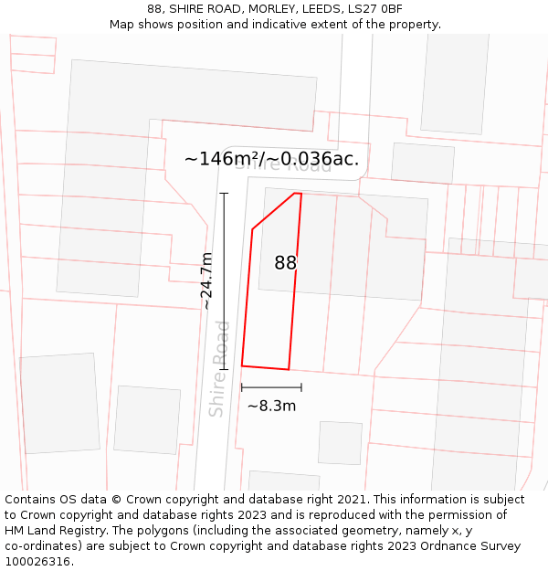 88, SHIRE ROAD, MORLEY, LEEDS, LS27 0BF: Plot and title map