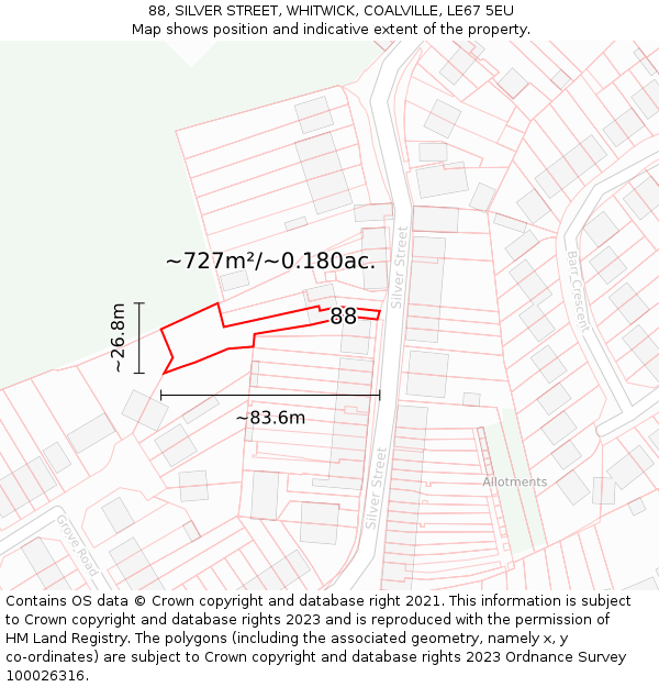 88, SILVER STREET, WHITWICK, COALVILLE, LE67 5EU: Plot and title map