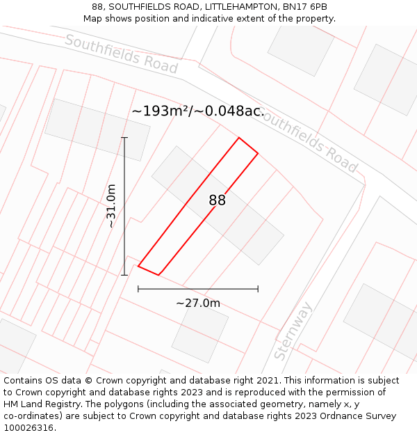 88, SOUTHFIELDS ROAD, LITTLEHAMPTON, BN17 6PB: Plot and title map