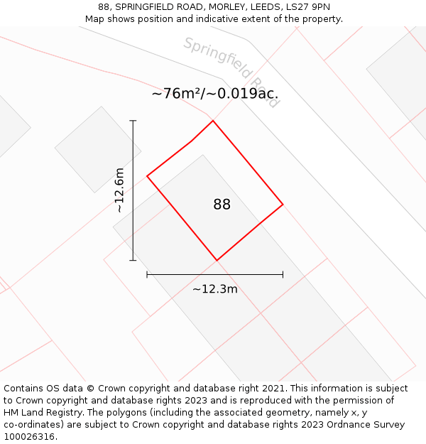 88, SPRINGFIELD ROAD, MORLEY, LEEDS, LS27 9PN: Plot and title map