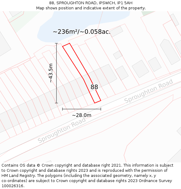 88, SPROUGHTON ROAD, IPSWICH, IP1 5AH: Plot and title map