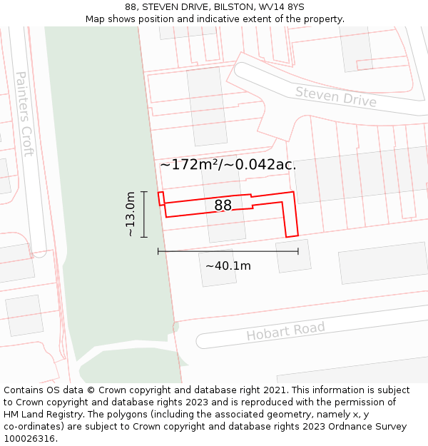 88, STEVEN DRIVE, BILSTON, WV14 8YS: Plot and title map