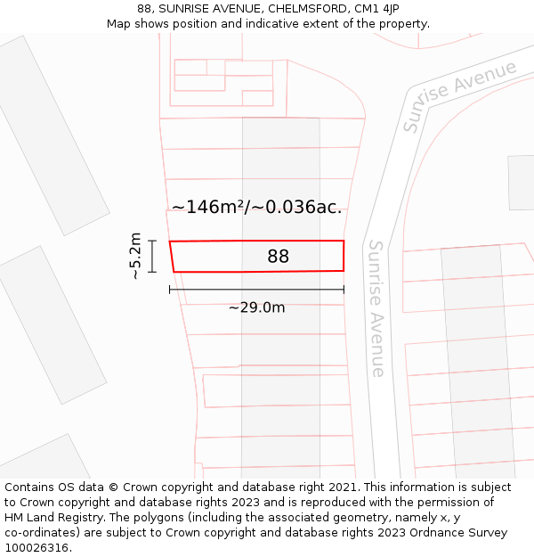 88, SUNRISE AVENUE, CHELMSFORD, CM1 4JP: Plot and title map