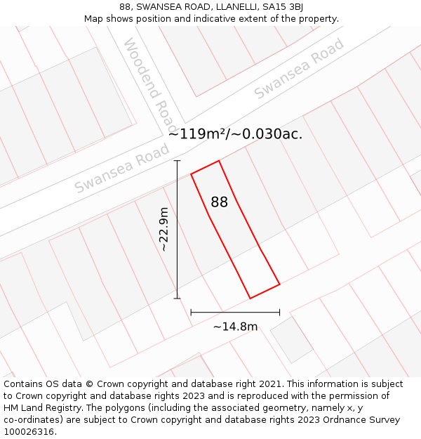 88, SWANSEA ROAD, LLANELLI, SA15 3BJ: Plot and title map