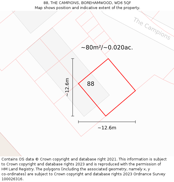 88, THE CAMPIONS, BOREHAMWOOD, WD6 5QF: Plot and title map