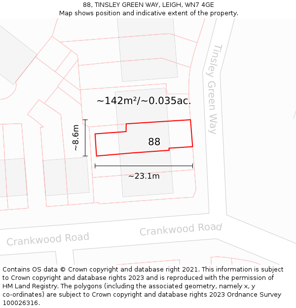 88, TINSLEY GREEN WAY, LEIGH, WN7 4GE: Plot and title map