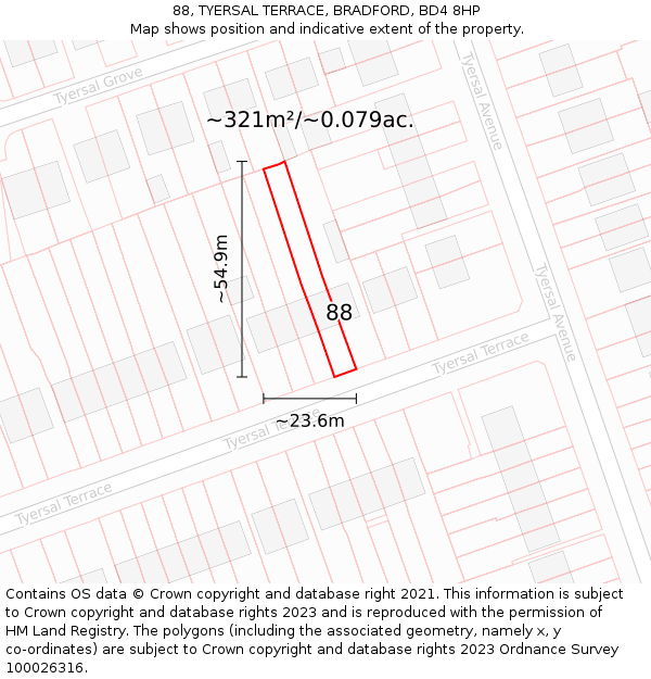 88, TYERSAL TERRACE, BRADFORD, BD4 8HP: Plot and title map