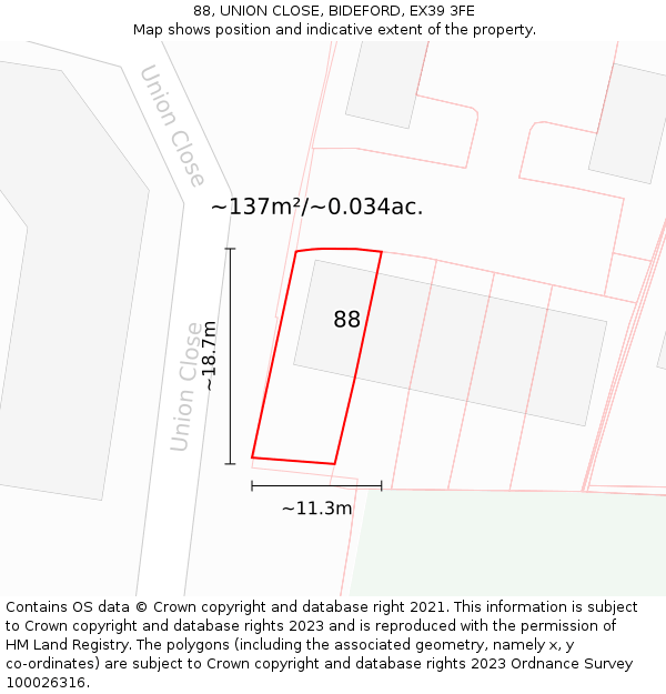 88, UNION CLOSE, BIDEFORD, EX39 3FE: Plot and title map