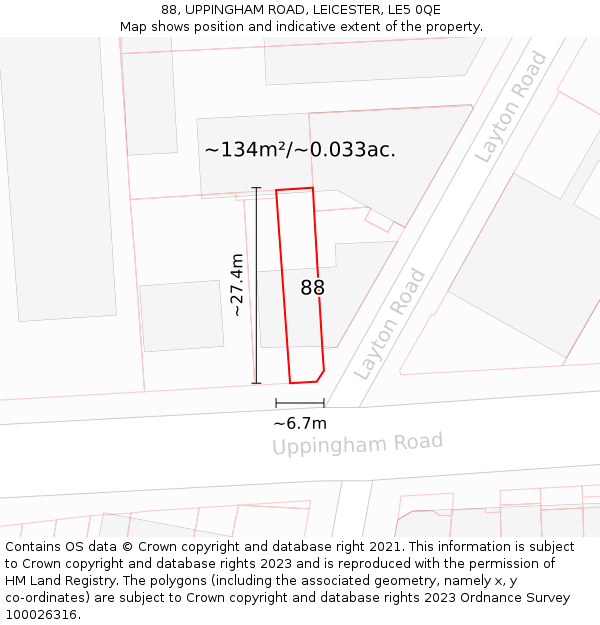 88, UPPINGHAM ROAD, LEICESTER, LE5 0QE: Plot and title map