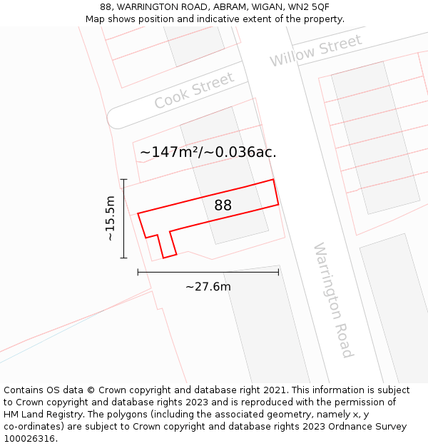88, WARRINGTON ROAD, ABRAM, WIGAN, WN2 5QF: Plot and title map