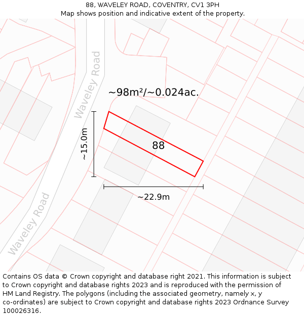 88, WAVELEY ROAD, COVENTRY, CV1 3PH: Plot and title map