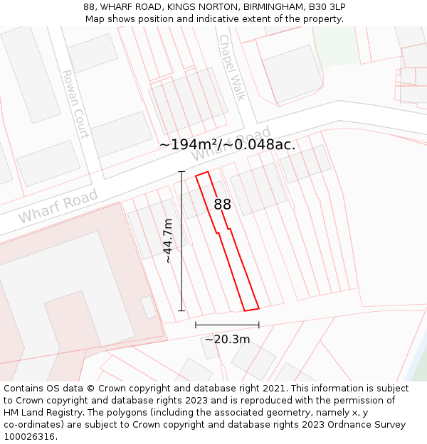 88, WHARF ROAD, KINGS NORTON, BIRMINGHAM, B30 3LP: Plot and title map