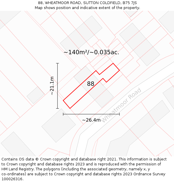 88, WHEATMOOR ROAD, SUTTON COLDFIELD, B75 7JS: Plot and title map