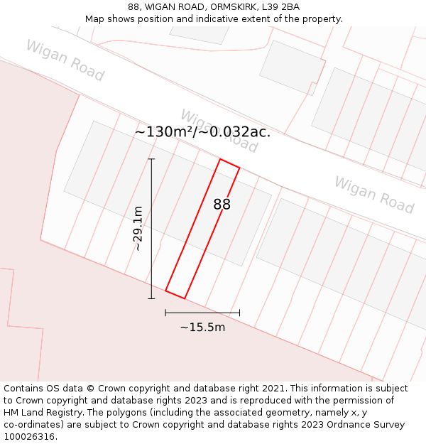 88, WIGAN ROAD, ORMSKIRK, L39 2BA: Plot and title map