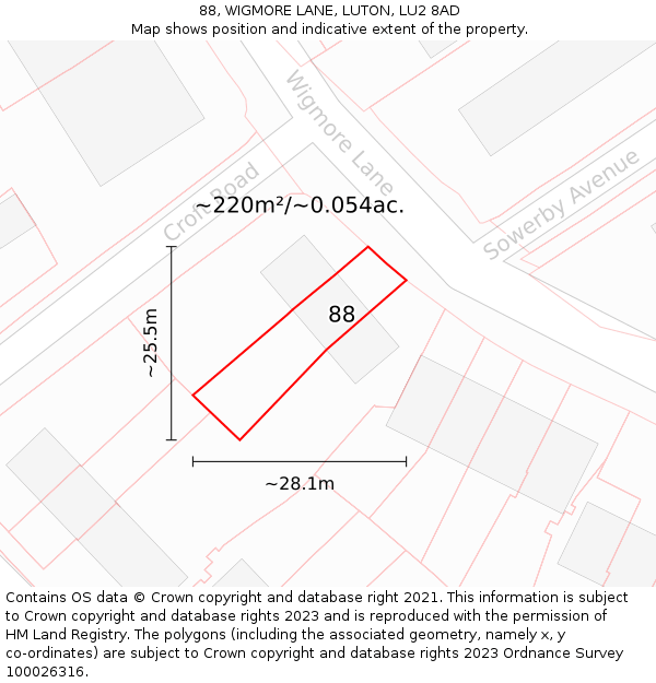 88, WIGMORE LANE, LUTON, LU2 8AD: Plot and title map