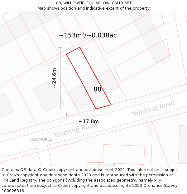 88, WILLOWFIELD, HARLOW, CM18 6RT: Plot and title map