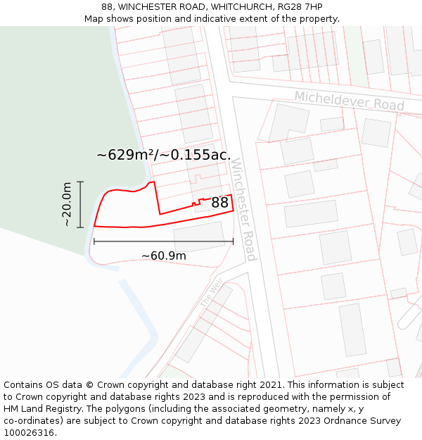 88, WINCHESTER ROAD, WHITCHURCH, RG28 7HP: Plot and title map
