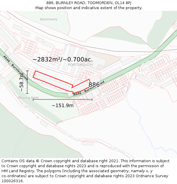 886, BURNLEY ROAD, TODMORDEN, OL14 8PJ: Plot and title map