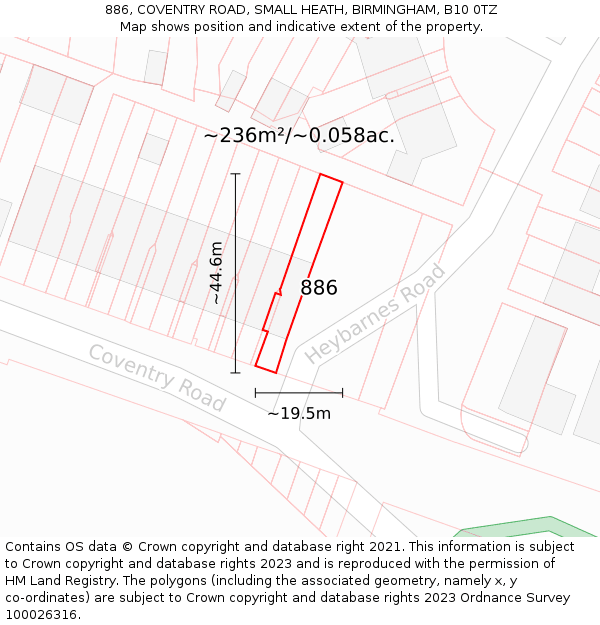 886, COVENTRY ROAD, SMALL HEATH, BIRMINGHAM, B10 0TZ: Plot and title map