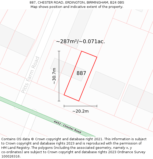 887, CHESTER ROAD, ERDINGTON, BIRMINGHAM, B24 0BS: Plot and title map